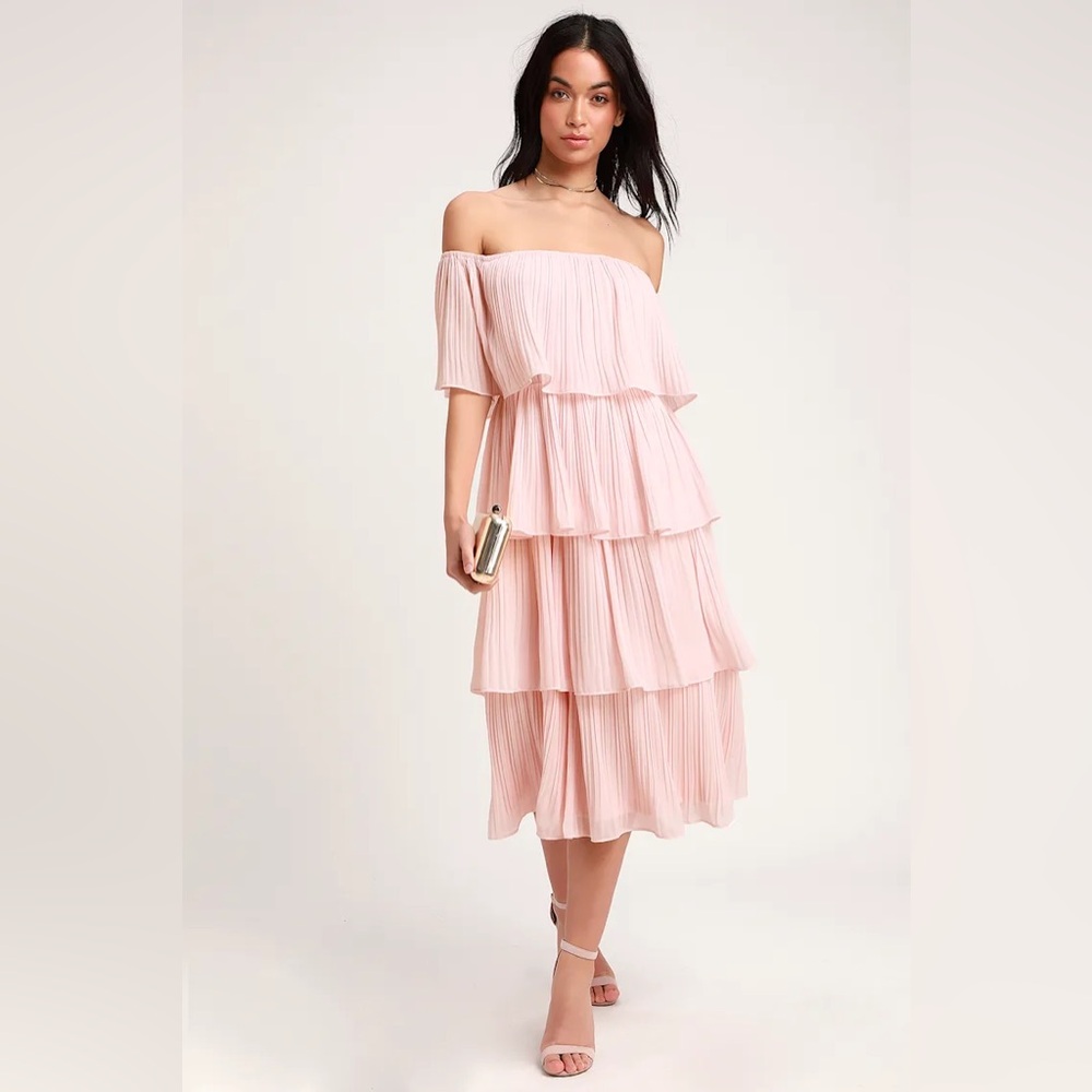 Lulu’s Gala Ready Blush Pink Off-the-Shoulder Ruffle Midi Dress